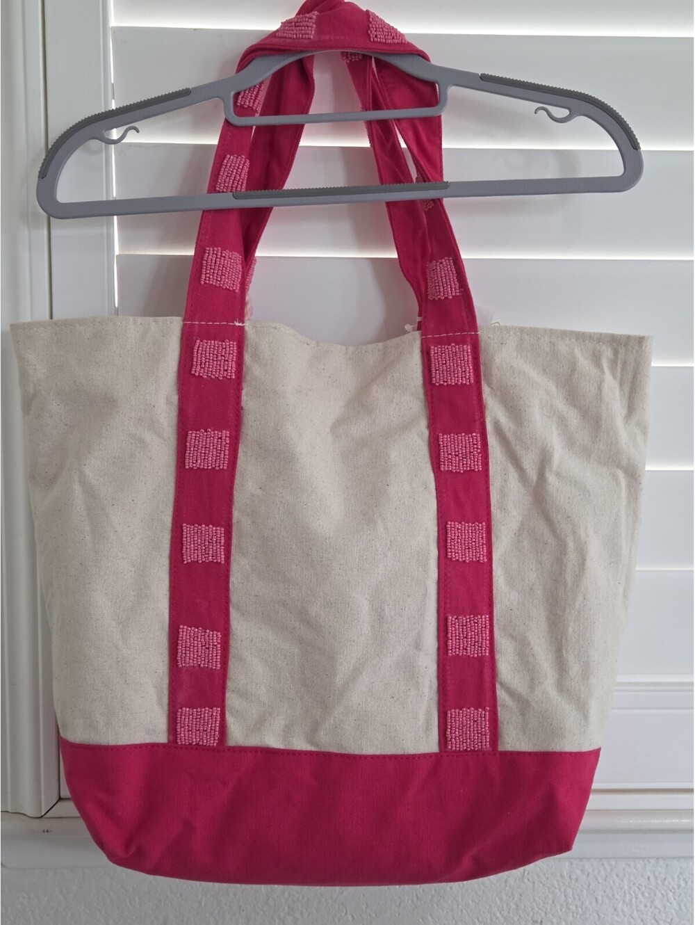 NWT Sol Mer Beaded Beach Tote Bag Pink Canvas Sea Life Crab Turtle Shell Pom Pom - Picture 2 of 5
